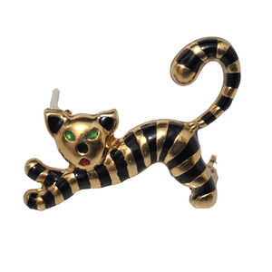 Vintage UNO-A-ERRE 18k 750 Gold 1 1/8" Striped Cat with Green Eyes Unoaerre 3 gr